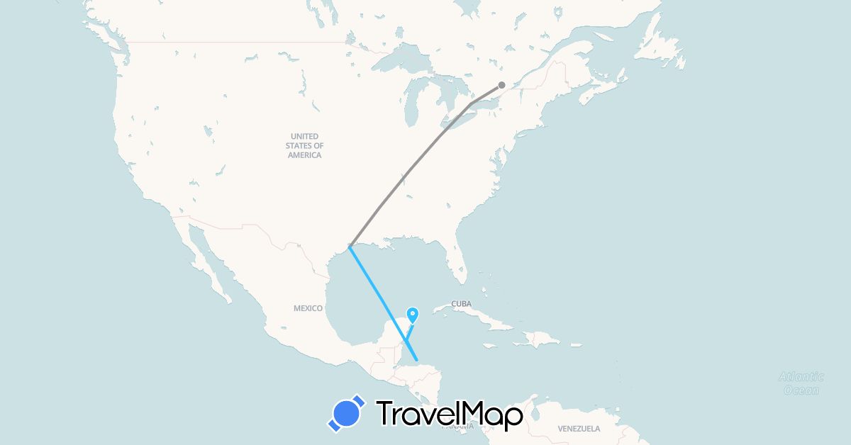 TravelMap itinerary: driving, plane, boat in Canada, Honduras, Mexico, United States (North America)